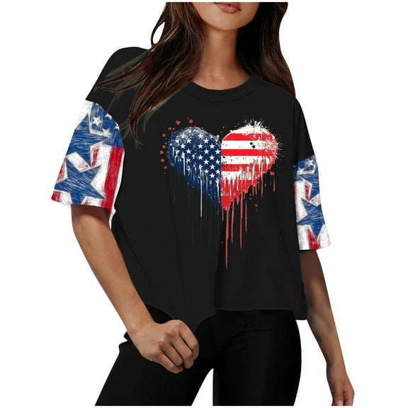 Cavosen 4th of July Tops for Women Petite Independence Day Short Sleeve Crewneck Shirts USA Star Striped Graphic Tops Lady L 4th of July Casual T Shirts Red White and Blue Tunic Tees