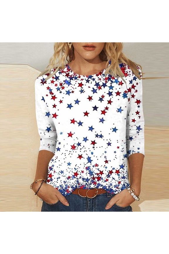 4th of July Tops for Women Petite Patriotic 3/4 Sleeve Crew Neck Tops USA Flag Print T Shirts Lady XL Independence Day Casual Tops Funny 4th of July Tunic Tees 2025 Summer Patriotic Clothes