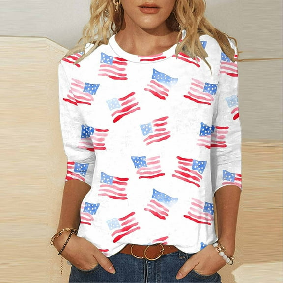 Cavosen 4th of July Tops for Women Petite Patriotic 3/4 Sleeve Crewneck Shirts USA Star Striped Print Shirts Lady XL Independence Day Casual Tops Funny 4th of July Tunic Tees 2025 Patriotic Blouses