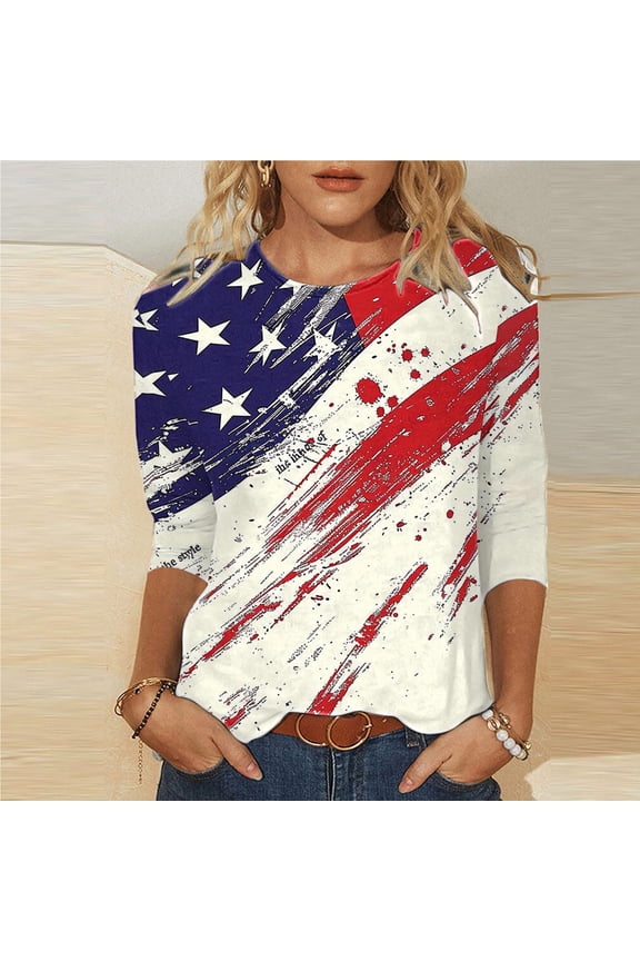 4th of July Tops for Women Petite Patriotic 3/4 Sleeve Crewneck Shirts USA Star Striped Print Shirts Lady XL Independence Day Casual Tops Funny 4th of July Tunic Tees 2025 Patriotic Blouses