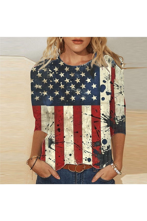 4th of July Tops for Women Petite Patriotic 3/4 Sleeve Round Neck Tops USA Star Striped Print T Shirts Lady XL Independence Day Casual Tops Funny 4th of July Tunic Tees 2025 Patriotic Clothes
