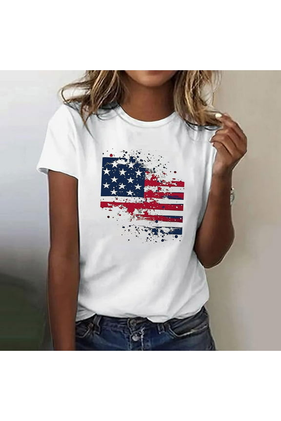 4th of July Tops for Women Petite Patriotic Short Sleeve Crewneck Tops American Flag Print T Shirts Lady M Independence Day Casual Shirts Funny 4th of July Tunic Tees 2025 Patriotic Outfits