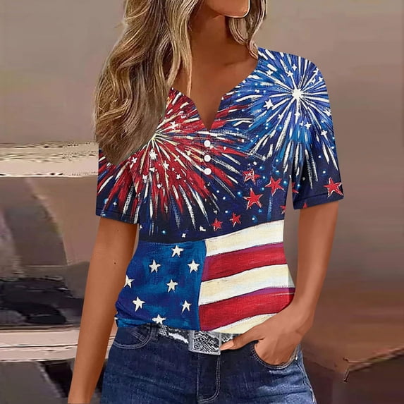 Cavosen 4th of July Tops for Women Petite Patriotic Short Sleeve V-Neck Tops USA Flag Print T Shirts Lady L Independence Day Casual Shirts Funny 4th of July Tunic Tees 2025 Summer Patriotic Outfits