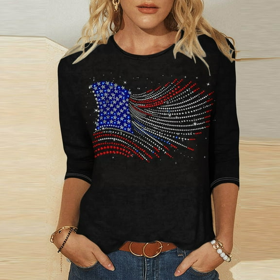 Cavosen 4th of July Tops for Women Petite Red White and Blue 3/4 Sleeve Crew Neck T Shirts American Flag Graphic Tops Lady L Patriotic Casual T Shirts Independence Day Tunic Tees Patriotic Blouses