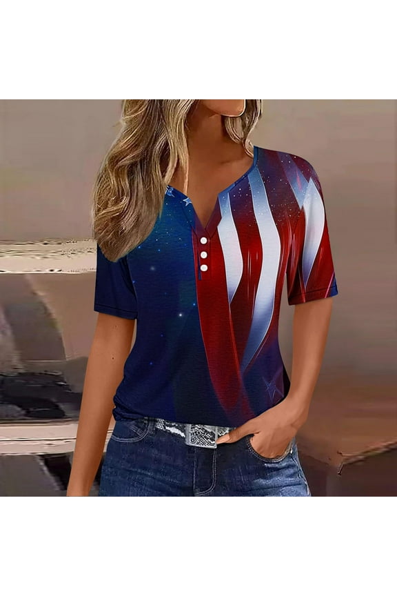 4th of July Tops for Women Petite Red White and Blue Short Sleeve V Neck T Shirts USA Star Striped Graphic Tops Lady XL Patriotic Casual T Shirts Independence Day Tunic Tees Patriotic Blouses