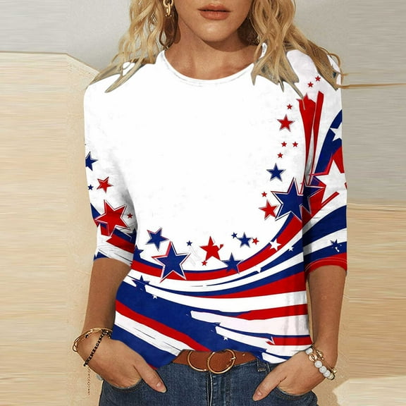 Cavosen 4th of July Tops for Women Plus Size 4th of July 3/4 Sleeve Crew Neck Tops USA Star Striped Print T Shirts Lady 2X Red White and Blue Casual Tops Patriotic Tunic Tees 2025 Patriotic Clothes