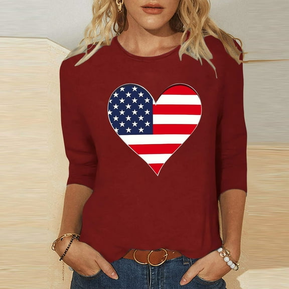 Cavosen 4th of July Tops for Women Plus Size 4th of July 3/4 Sleeve Crewneck Shirts USA Flag Print Shirts Lady 2X Red White and Blue Casual Tops Funny Patriotic Tunic Tees 2025 Patriotic Blouses