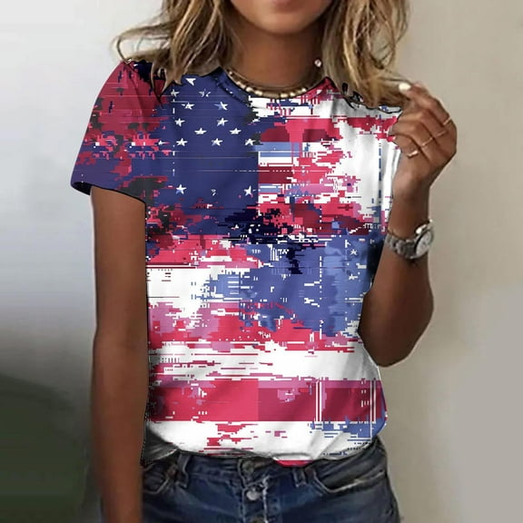 Cavosen 4th of July Tops for Women Plus Size 4th of July Short Sleeve Crewneck Shirts American Flag Print Shirts Lady 3X Red White and Blue Casual Tops Patriotic Tunic Tees 2025 Patriotic Blouses