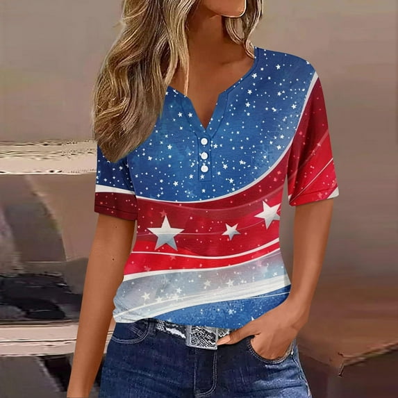Cavosen 4th of July Tops for Women Plus Size Patriotic 3/4 Sleeve V-Neck Tops USA Flag Print T Shirts Lady 3X Independence Day Casual Tops Funny 4th of July Tunic Tees 2025 Summer Patriotic Clothes