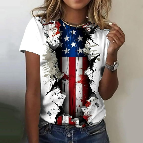 Cavosen 4th of July Tops for Women Plus Size Patriotic Short Sleeve Crewneck Shirts USA Flag Print Shirts Lady 5X Independence Day Casual Tops Funny 4th of July Tunic Tees 2025 Patriotic Blouses