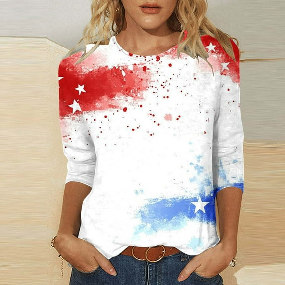 Cavosen 4th of July Tops for Women Plus Size Red White and Blue 3/4 Sleeve Crewneck T Shirts USA Flag Graphic Tops Lady 2X Patriotic Casual T Shirts Independence Day Tunic Tees Patriotic Blouses