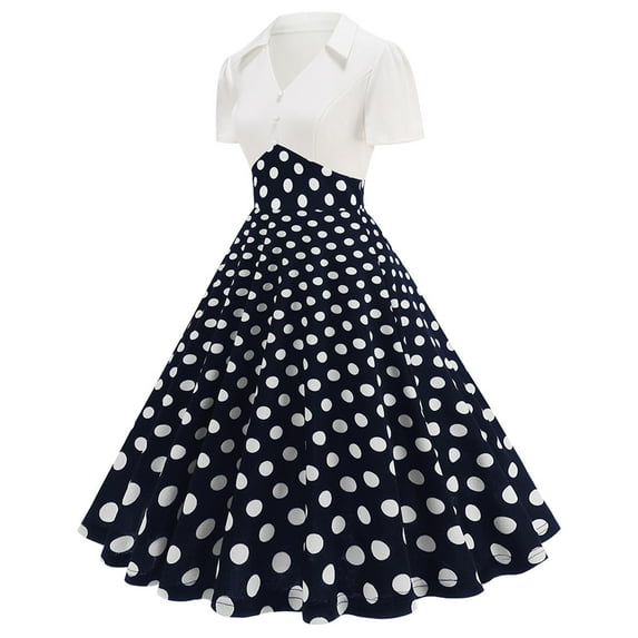 Cavosen 50s Dresses for Women for Evening Blue Vintage Retro Short Sleeve V Neck Collar Button Front A-Line Tea Length Dresses Polka Dots Print Elegant Bodycon Cocktail Party Dress S