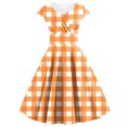thumbnail image 1 of Cavosen 50s Dresses for Women Plus Size Orange Vintage Retro Short Sleeve V Neck A-Line Tea Length Dresses Plaid Elegant Bodycon Rockabilly Cocktail Party Dress Summer Homecoming M, 1 of 3