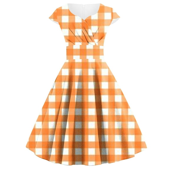Cavosen 50s Dresses for Women Plus Size Orange Vintage Retro Short Sleeve V Neck A-Line Tea Length Dresses Plaid Elegant Bodycon Rockabilly Cocktail Party Dress Summer Homecoming M