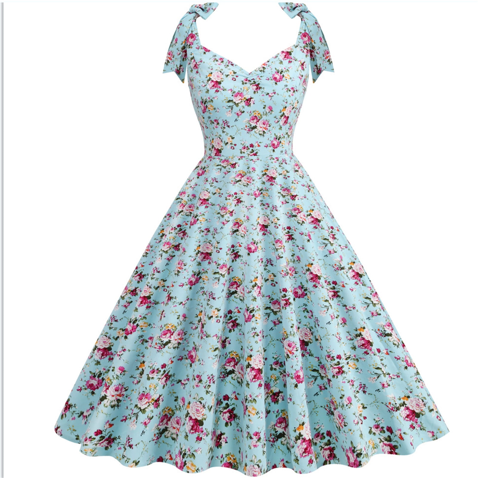 Cavosen 50s Style Ladies Dresses Blue Vintage Retro Sleeveless V Neck Knot  Strap Spaghetti Dresses A-Line Tea Length Dresses Floral Print Elegant  Bodycon Cocktail Party Dress M - Walmart.com