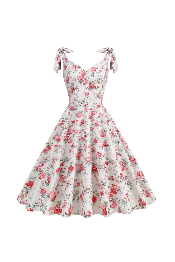 50s Style Ladies Dresses White Vintage Retro Sleeveless V Neck Knot Strap Spaghetti Dresses A-Line Tea Length Dresses Floral Print Elegant Bodycon Cocktail Party Dress S