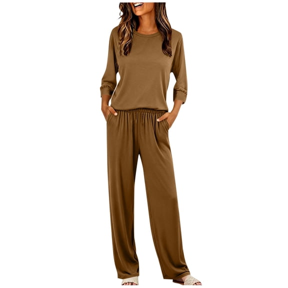 Cavosen Adult Pajamas Long Sleeve Soft Crew Neck Shirt Solid Wide Leg Pants Breathable Casual Loungewear Brown XL