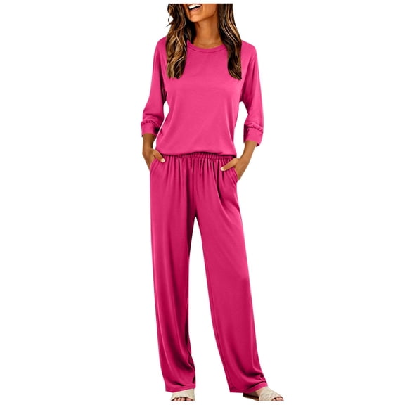 Cavosen Adult Pajamas Long Sleeve Soft Crew Neck Shirt Solid Wide Leg Pants Breathable Casual Loungewear Hot Pink XL