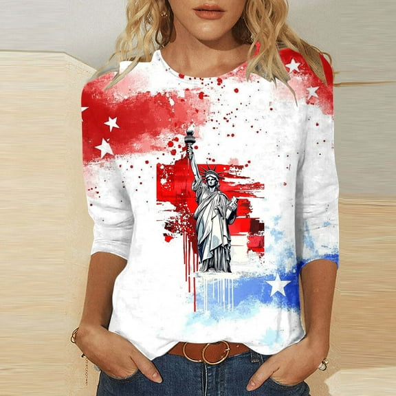 Cavosen American Flag Shirt Women Petite 4th of July 3/4 Sleeve Round Neck Tops American Flag Print T Shirts Lady S Red White and Blue Casual Tops Funny Patriotic Tunic Tees 2025 Patriotic Clothes