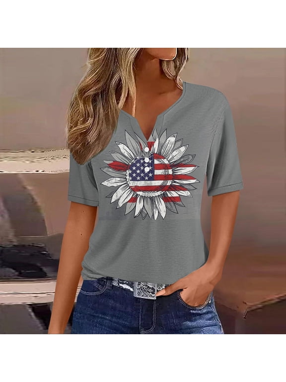 American Flag Shirt Women 4th of July 3/4 Sleeve V-Neck Tops American Flag Print T Shirts Lady S Red White and Blue Casual Shirts Funny Patriotic Tunic Tees 2025 Patriotic Outfits