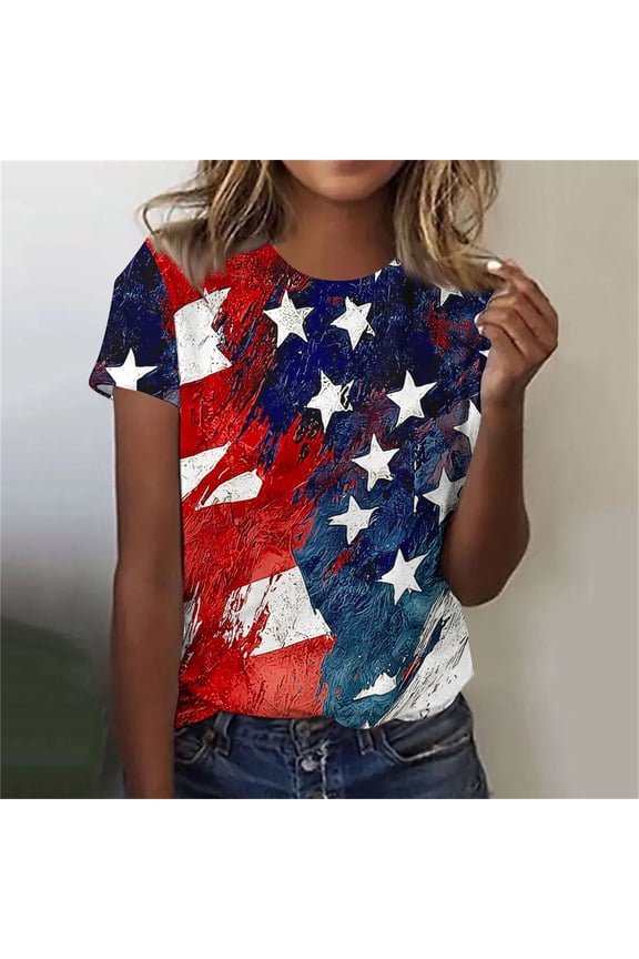 American Flag Shirt Women Petite 4th of July Short Sleeve Crew Neck Tops USA Flag Print T Shirts Lady XL Red White and Blue Casual Tops Funny Patriotic Tunic Tees 2025 Patriotic Clothes