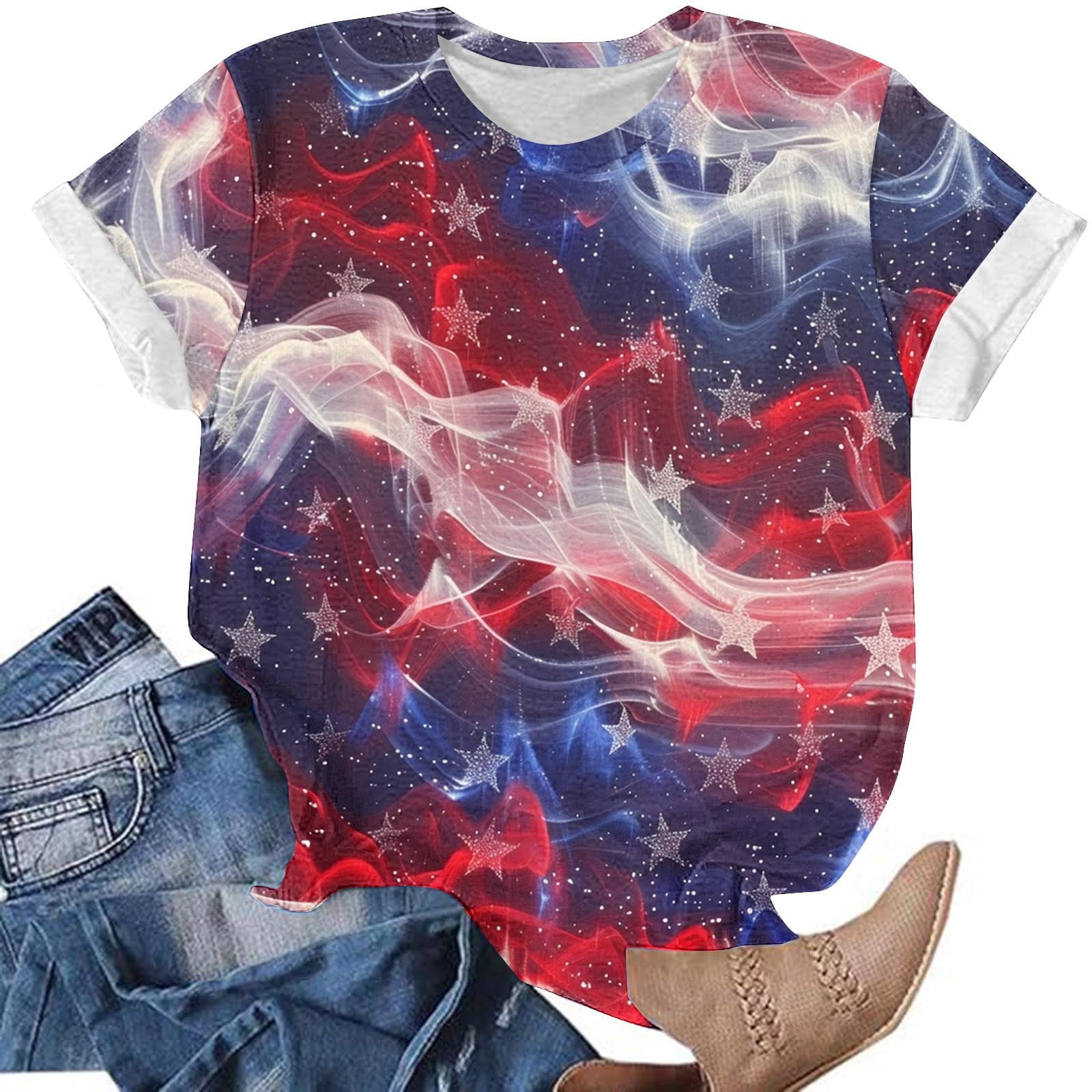Women's American Flag T-Shirt - 4th Of July Patriotic Tee, Short Sleeve Crewneck, Black, Medium - View #2