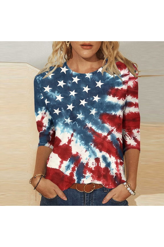 American Flag Shirt Women Petite Patriotic 3/4 Sleeve Crew Neck Shirts USA Flag Print Shirts Lady M Independence Day Casual Tops Funny 4th of July Tunic Tees 2025 Summer Patriotic Blouses