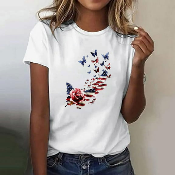 Cavosen American Flag Shirt Women Petite Patriotic Short Sleeve Round Neck Shirts American Flag Print Shirts Lady XL Independence Day Casual Tops Funny 4th of July Tunic Tees 2025 Patriotic Blouses