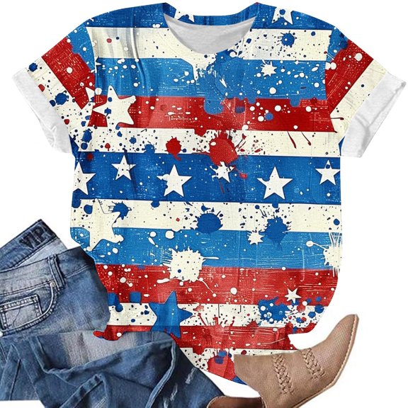 Cavosen American Flag Shirt Women Petite Patriotic Short Sleeve Round Neck Shirts USA Flag Print Shirts Lady M Independence Day Casual Tops Funny 4th of July Tunic Tees 2025 Summer Patriotic Blouses