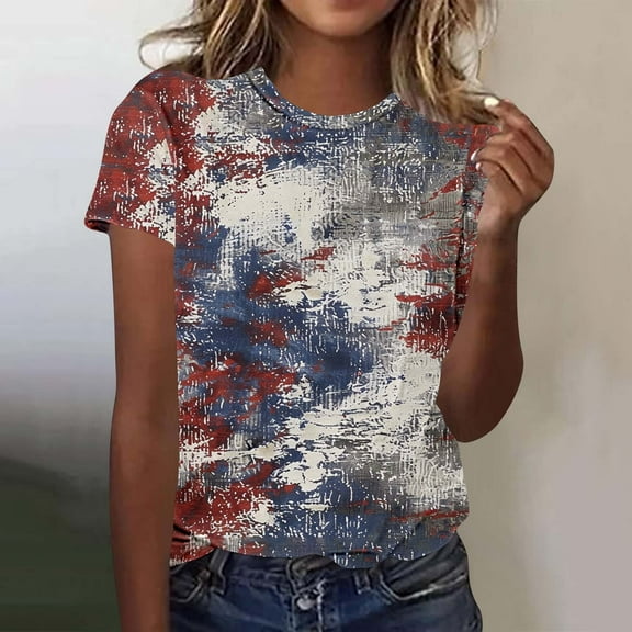 Cavosen American Flag Shirt Women Petite Patriotic Short Sleeve Round Neck Tops American Flag Print T Shirts Lady XL Independence Day Casual Tops Funny 4th of July Tunic Tees 2025 Patriotic Clothes