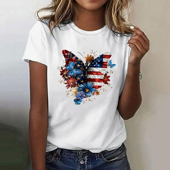 Cavosen American Flag Shirt Women Petite Red White and Blue Short Sleeve Crew Neck T Shirts American Flag Graphic Shirts Lady S Patriotic Casual Shirts Independence Day Tunic Tees Patriotic Clothes