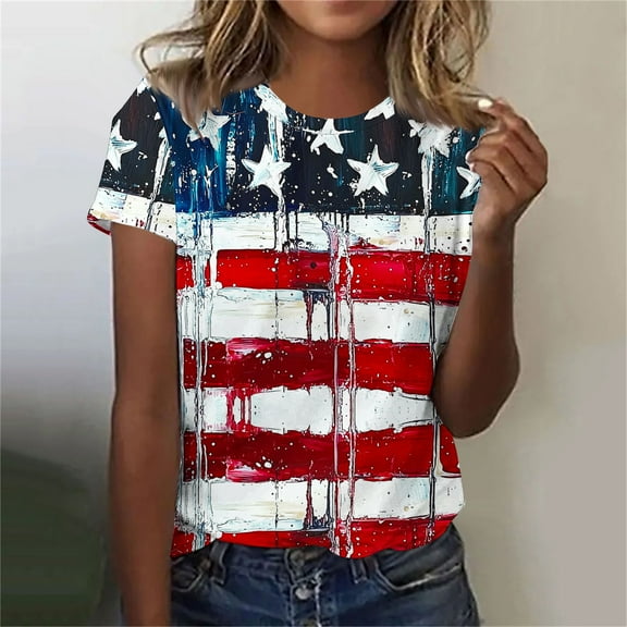 Cavosen American Flag T Shirts Women Petite 4th of July Short Sleeve Crew Neck Tops USA Star Striped Print T Shirts Lady S Red White and Blue Casual Tops Patriotic Tunic Tees 2025 Patriotic Clothes