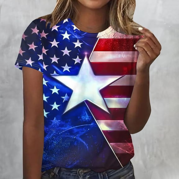 Cavosen American Flag T Shirts Women Petite 4th of July Short Sleeve Round Neck Tops American Flag Print T Shirts Lady M Red White and Blue Casual Tops Patriotic Tunic Tees 2025 Patriotic Clothes