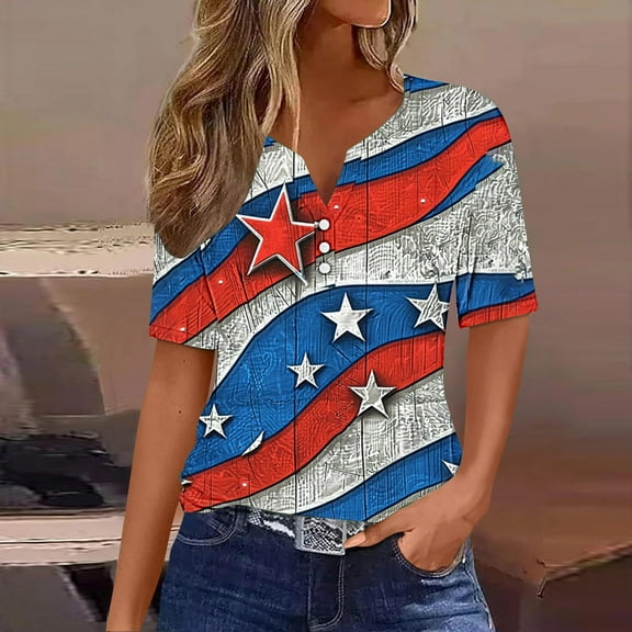 Cavosen American Flag T Shirts Women Petite Independence Day 3/4 Sleeve V Neck T Shirts USA Star Striped Graphic Tops Lady XL 4th of July Casual T Shirts Red White and Blue Tunic Tees