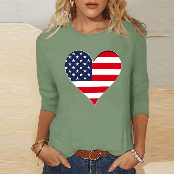 Cavosen American Flag T Shirts Women Petite Patriotic 3/4 Sleeve Crew Neck Tops USA Star Striped Print T Shirts Lady L Independence Day Casual Shirts 4th of July Tunic Tees 2025 Patriotic Outfits