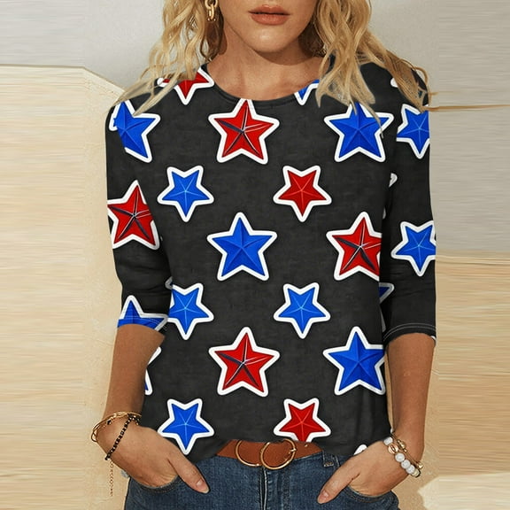 Cavosen American Flag T Shirts Women Petite Patriotic 3/4 Sleeve Round Neck Shirts American Flag Print Shirts Lady M Independence Day Casual Tops Funny 4th of July Tunic Tees 2025 Patriotic Blouses
