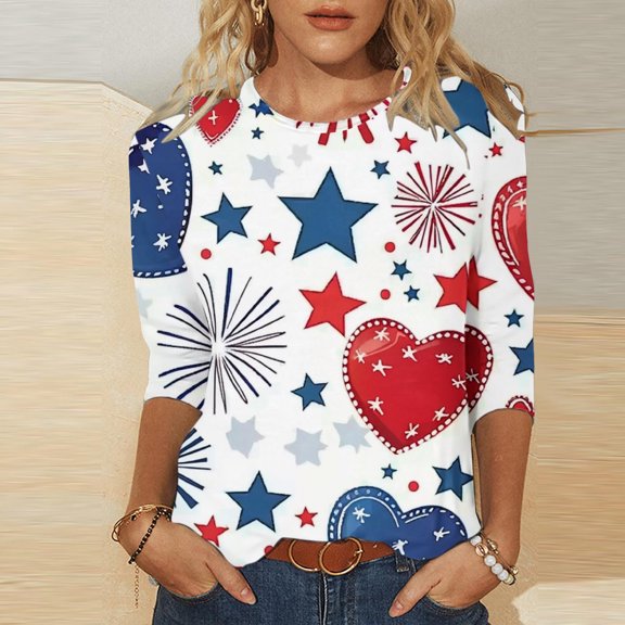 Cavosen American Flag T Shirts Women Petite Patriotic 3/4 Sleeve Round Neck Shirts USA Flag Print Shirts Lady M Independence Day Casual Tops Funny 4th of July Tunic Tees 2025 Summer Patriotic Blouses