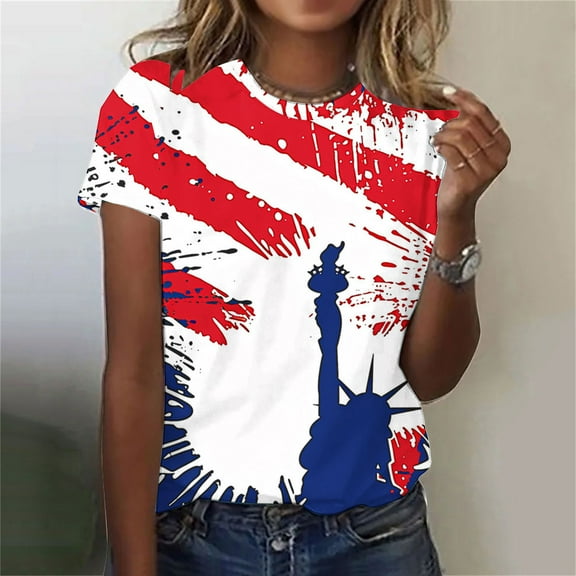 Cavosen American Flag T Shirts Women Petite Patriotic Short Sleeve Crewneck Tops USA Star Striped Print T Shirts Lady XL Independence Day Casual Shirts 4th of July Tunic Tees 2025 Patriotic Outfits