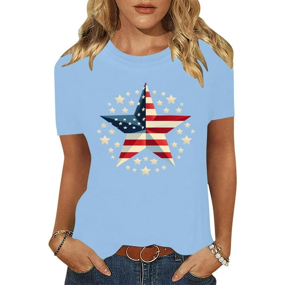 Cavosen American Flag T Shirts Women Petite Patriotic Short Sleeve Round Neck Shirts American Flag Print Shirts Lady M Independence Day Casual Tops Funny 4th of July Tunic Tees 2025 Patriotic Blouses