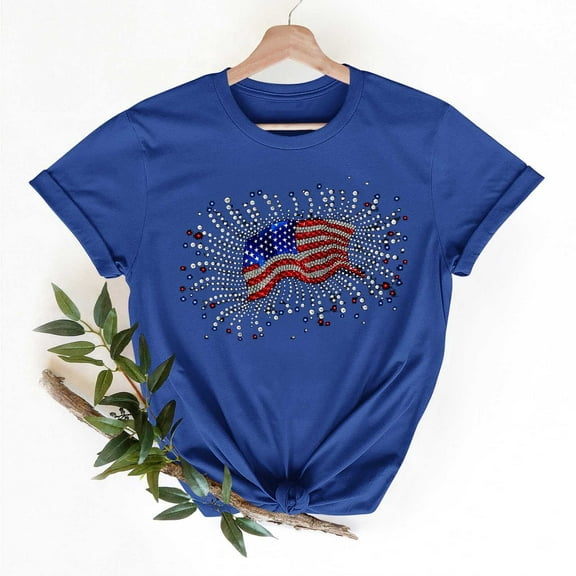 Cavosen American Flag T Shirts Women Petite Patriotic Short Sleeve Round Neck Tops USA Star Striped Print T Shirts Lady XL Independence Day Casual Shirts 4th of July Tunic Tees Patriotic Outfits