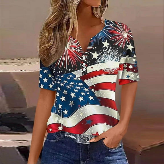 Cavosen American Flag T Shirts Women Plus Size Patriotic Short Sleeve V-Neck Tops USA Star Striped Print T Shirts Lady 2X Independence Day Casual Shirts 4th of July Tunic Tees Patriotic Outfits