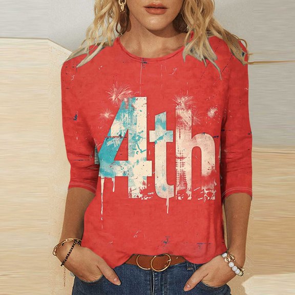 Cavosen American Flag Tops for Women Petite 4th of July 3/4 Sleeve Round Neck Tops American Flag Print T Shirts Lady XL Red White and Blue Casual Shirts Patriotic Tunic Tees 2025 Patriotic Outfits