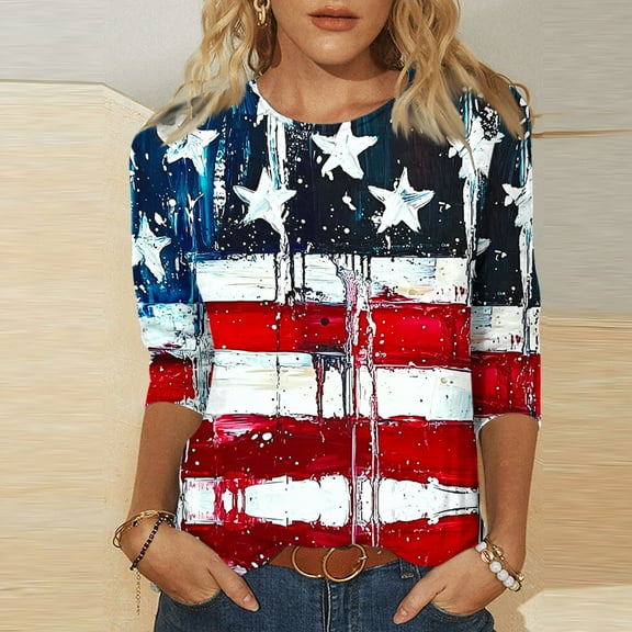 Cavosen American Flag Tops for Women Petite 4th of July 3/4 Sleeve Round Neck Tops USA Star Striped Print T Shirts Lady L Red White and Blue Casual Tops Patriotic Tunic Tees 2025 Patriotic Clothes