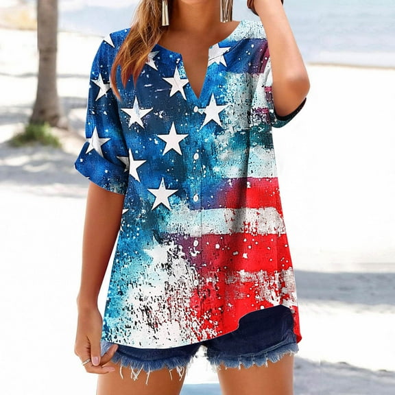 Cavosen American Flag Tops for Women Petite 4th of July Short Sleeve V-Neck Shirts USA Star Striped Print Shirts Lady XL Red White and Blue Casual Tops Patriotic Tunic Tees 2025 Patriotic Blouses