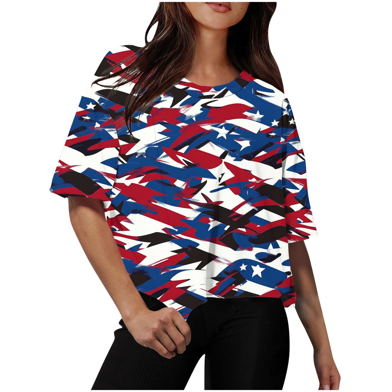 Women's American Flag T-Shirt - 4th Of July Patriotic Tee, Short Sleeve Crewneck, Black, Medium - View #5