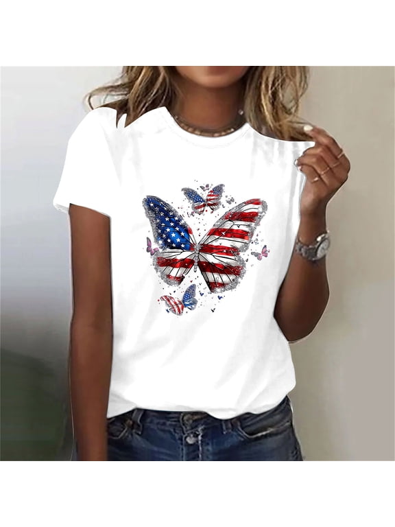 American Flag Tops for Women Independence Day Short Sleeve Crewneck Shirts USA Flag Graphic Tops Lady M 4th of July Casual T Shirts Red White and Blue Tunic Tees Patriotic Outfits
