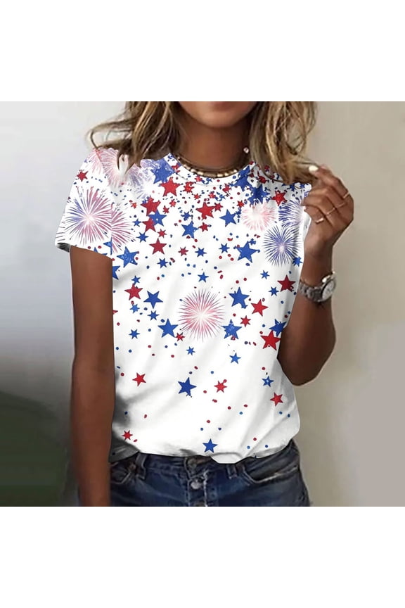 American Flag Tops for Women Petite Patriotic Short Sleeve Round Neck Shirts USA Star Striped Print Shirts Lady XL Independence Day Casual Tops 4th of July Tunic Tees 2025 Patriotic Blouses