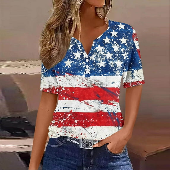Cavosen American Flag Tops for Women Petite Patriotic Short Sleeve V-Neck Tops USA Star Striped Print T Shirts Lady XL Independence Day Casual Tops Funny 4th of July Tunic Tees 2025 Patriotic Clothes