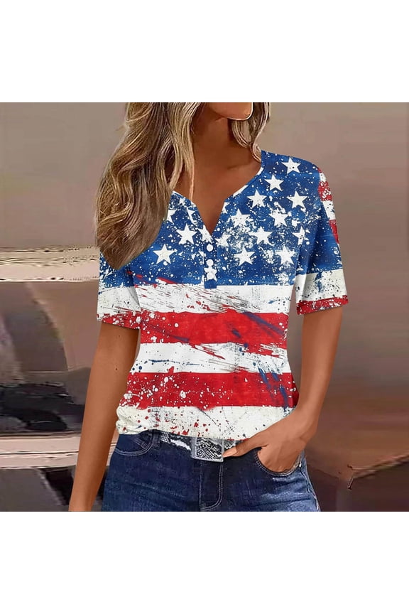American Flag Tops for Women Petite Patriotic Short Sleeve V-Neck Tops USA Star Striped Print T Shirts Lady XL Independence Day Casual Tops Funny 4th of July Tunic Tees 2025 Patriotic Clothes