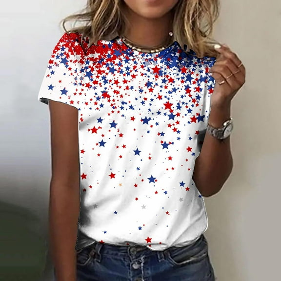 Cavosen American Flag Tops for Women Petite Red White and Blue Short Sleeve Crewneck T Shirts USA Star Striped Graphic Tops Lady XL Patriotic Casual T Shirts Independence Day Tunic Tees